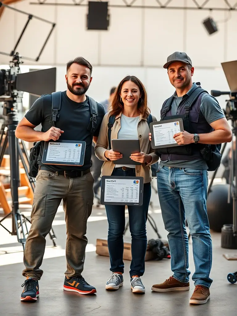 A professional film crew efficiently managing on-set expenses with tablets, showcasing real-time budget tracking and approval processes.