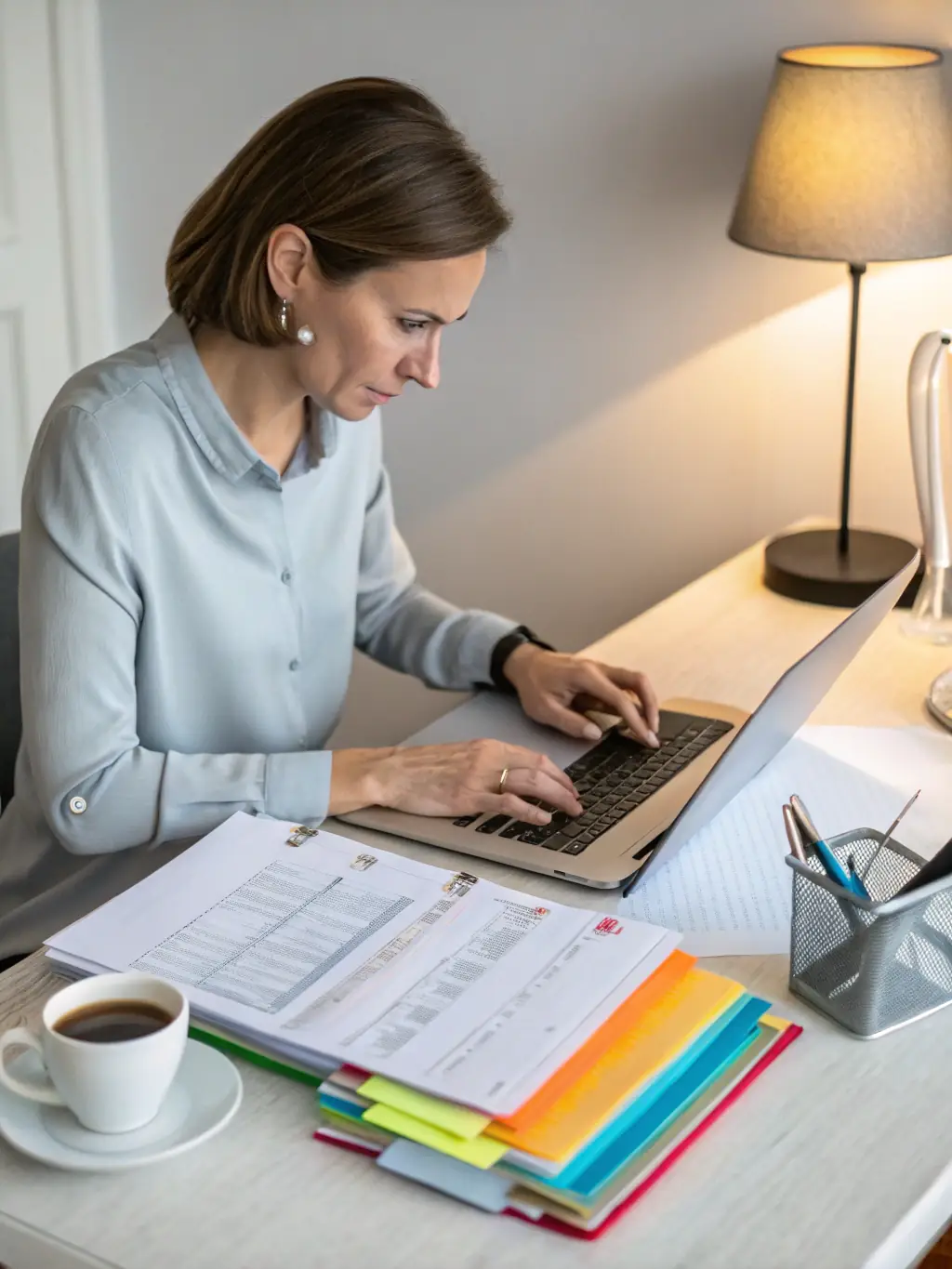 A production accountant efficiently processing invoices and payments using Maslmk Store's platform, highlighting the ease of financial management.