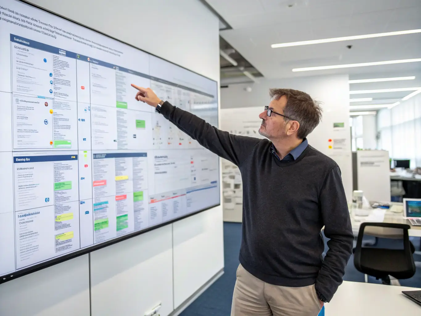 A project manager reviewing a Gantt chart on a large screen, illustrating the use of Maslmk Store's project management tools for scheduling and resource allocation.