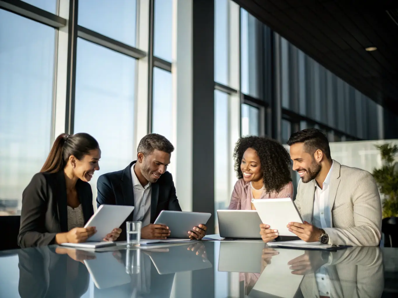 A diverse team of film professionals collaborating in a modern office, using Maslmk Store's platform to manage various aspects of a production project.